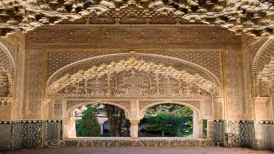 Details of Moorish architecture inside the Alhambra Palace, Granada, Spain